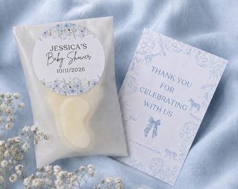 Recuerdos para baby shower con estampado floral azul, ceras aromáticas con forma de pies de bebé, temática "Niño en flor", recuerdos inspirados en Bridgerton, regalos personalizados para invitados T05