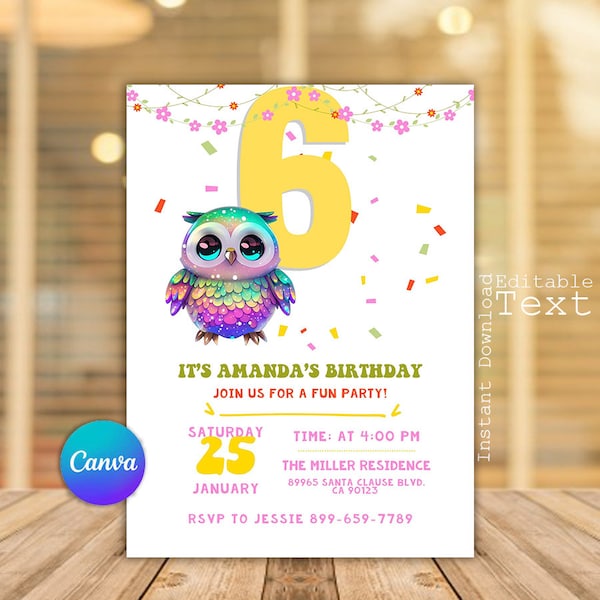 Owl Invitation, Owl Birthday Invitation, Owl Party Invitation, Cute Owl Invitation, Any Age Birthday, Cute Owl Animal, Editable With Canva