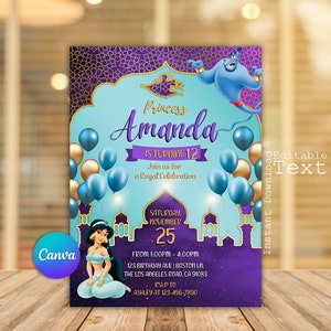 Invitación de jazmín, invitación de cumpleaños de jazmín, invitación de princesa jazmín, fiesta de jazmín, invitación de cumpleaños de princesa jazmín aladdin