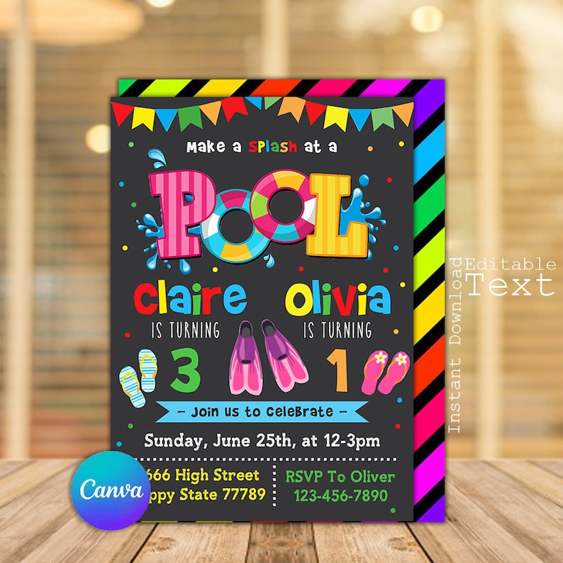 Joint Pool Party Birthday Invitation, Splish Splash Dual Sibling