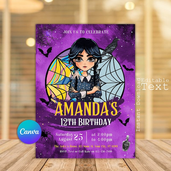 Wednesday Invitation, Wednesday Addams Birthday Party Invitation, Wednesday Party, Addams Birthday Party Invitation, Canva Editable Template