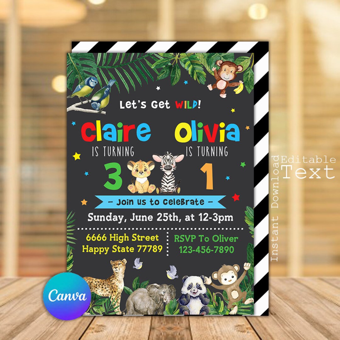 Joint Sibling Birthday Invitation, Jungle Safari Animals Theme, Zoo Party Invite, Safari Animals