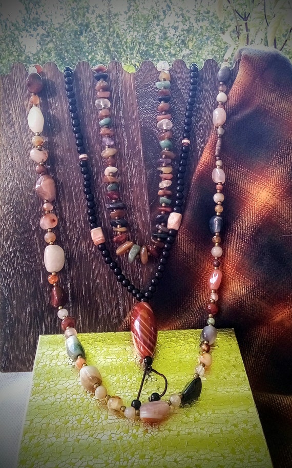 Handmade Vintage Natural Stone Trio of Necklaces … - image 3