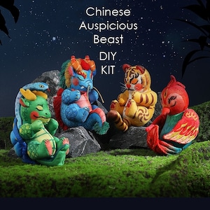 Chinese Auspicious Beasts DIY Embroidery Doll, Full Kit, Handmade Four Symbols Gift Home Decor, Mythological Creatures, with tutorial video