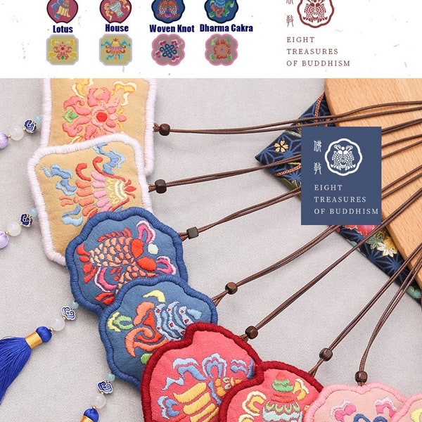 Eight Treasures of Buddhism Auspicious Symbols Good Luck Chinese Traditional Embroidery Kit DIY Necklace Hanging Drop with tutorial vedios