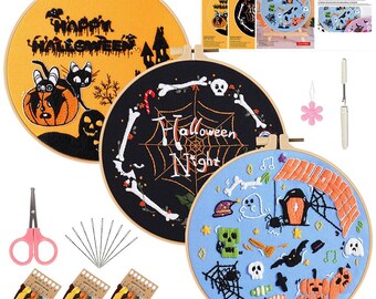Spooky DIY Embroidery Kit 3-Pack | Halloween Craft Project | Creepy Cute Ghost & Bat Patterns | Needlework for Beginners