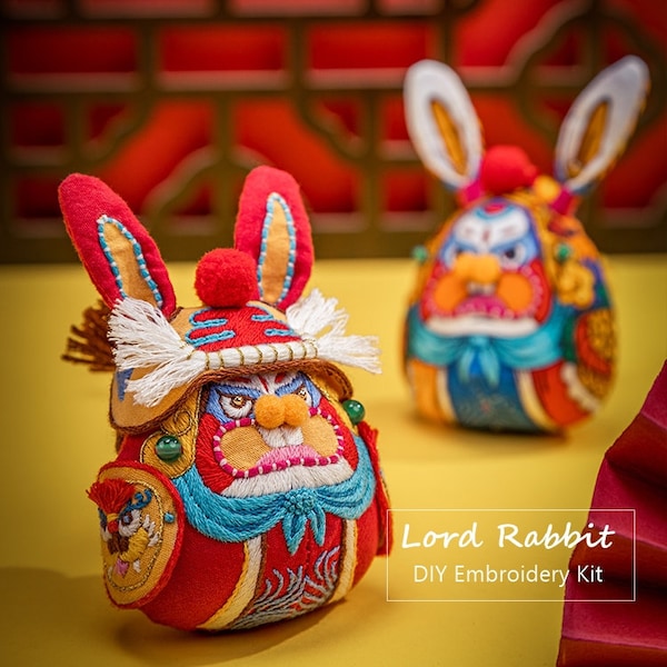 Lord Rabbit Beginner DIY Kit | Handmade Embroidery Chinese Beijing Style Good Luck Sachet Necklace Car Ornament Bag Accessory Rabbit Doll