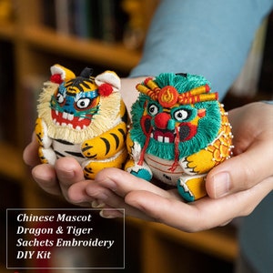 Chinese Style Embroidery Kit Tradition Auspicious Mascot Dragon Tiger Saucet Car Ornament Presents Exotica DIY set with tutorial video