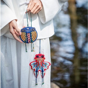 Goldfish & Cicada Good Wishes Finished Embroidery Sachet | Handmade Ethnic Asian Vintage Style Accessories Pendant | Chinese Style