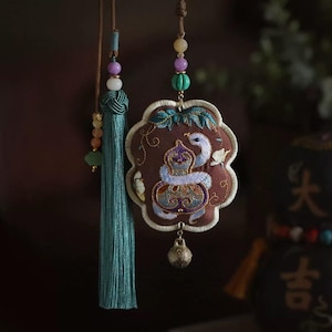 Snake Amulet - Hand-embroidered Fortune Charm - Chinese Snake Zodiac Animal Talisman Craft - Good Luck Amulet - Stitch Work