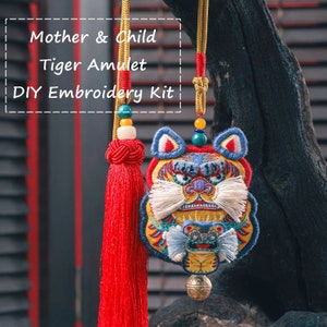 DIY Embroidery Kit, Mother & Child Tiger Amulet, Protection Necklace, Bag Accessory, Car Decor, Handmade Chinese Tiger Zodiac Year Gift