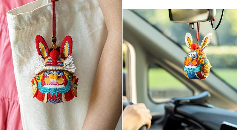 Lord Rabbit Beginner DIY Kit Handmade Embroidery Chinese Beijing Style Good Luck Sachet Necklace Car Ornament Bag Accessory Rabbit Doll image 6