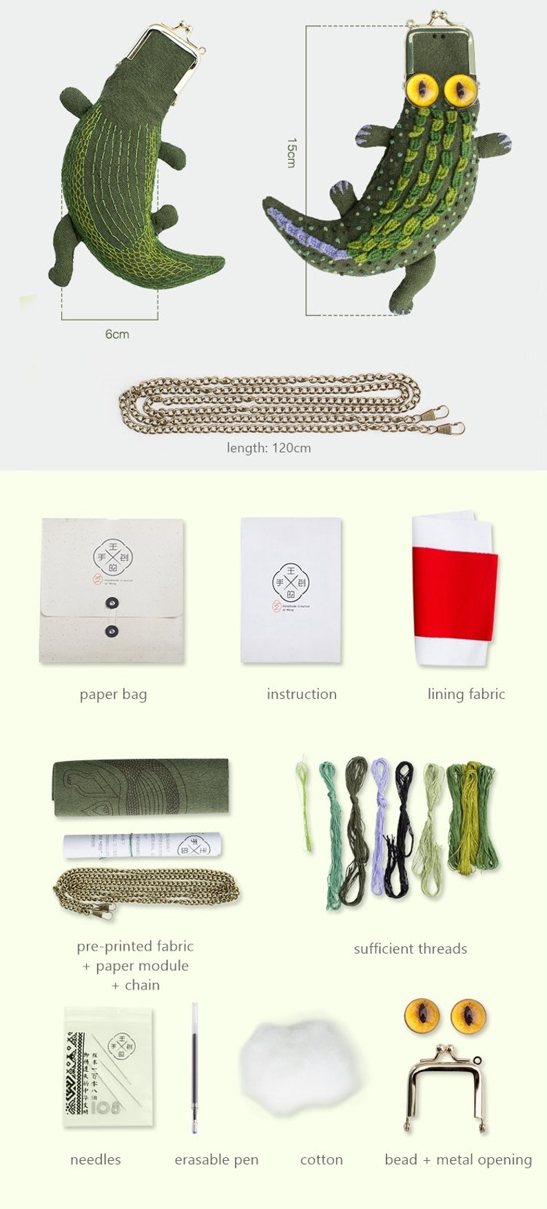 Crocodile Embroidery Bag, DIY Kit, Alligator Bag, Handmade Small Bag, Needlepoint Kit, Unique Gift Idea,