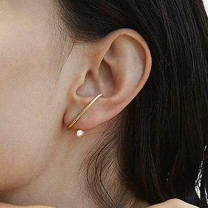 Minimalist Pearl Earring; Simple Ear Climber; Gold Ear Climber; Geometric Ear Clawer