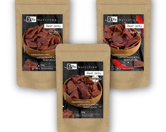 1kg Beef Jerky (10 x 100g) Mix Set mit allen 3 Sorten - 3Yo Nutrition - 51% Protein Biltong Trockenfleisch Fitnesssnack