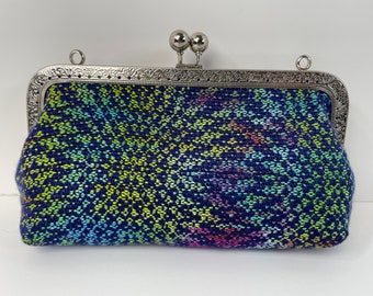 Clutch Purse with Kiss Lock Sew from Handwoven and Hand Dyed Fabric, One of a Kind