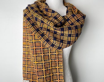 Merino Wool Scarf Handwoven in Blue and Gold, Handmade in Alaska