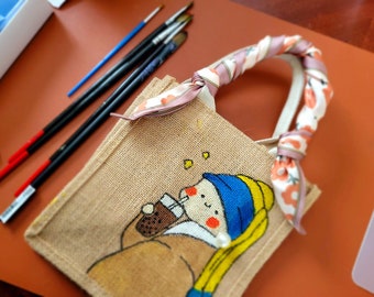 Sac-tout en toile de jute peint à la main