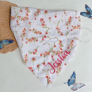 Floral Embroidered Name Headscarf, Personalized Name Floral Hair Scarf, Lightweight Triangle Bandana, Summer Travel Hair Scarf,Wedding Gifts