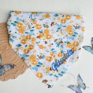 Embroidered Floral Triangle Scarf with Name, Vintage Floral Elastic Headscarf, Boho Chic Bandana for Women, Travel Hair Accessories, Gifts