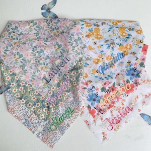Personalized 6 Style Floral Headscarf, Embroidered Name Floral Triangle Bandana, Travel Hair Accessories, Summer Women&#39;s Hair Scarf, Gifts