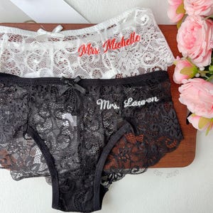 Personalized Black White Lace Thong, Embroidered Name Bridal Thong, Wedding Lingerie, Mrs Bride Lace Underwear, Anniversary Gifts for Women