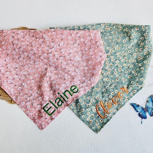 Pink Green Floral Elastic Hair Bandana, Personalized Floral Headband with Embroidered Name, Floral Triangle Head Scarf, Hair Accessories