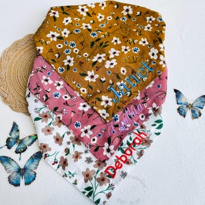 Custom Floral Head Scarf with Name, Elastic Embroidered Name Bandana, Triangle Headband, Floral Headband for Women, Hair Accessories, Gifts