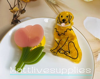 Griffes de cheveux en acétate de tulipe de chien, adorables pinces à cheveux Golden Retriever, griffe de cheveux en queue de cheval, barrette de cheveux pour cheveux épais, griffe de cheveux pour fille