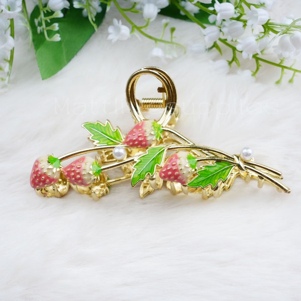 Enamel Strawberry Metal Hair Claw Clips, Large Flower Hair Clamp,Elegant Hair Claw for Thick Hair, Korean Hair Accessories, Gift for Her