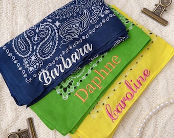 Personalized Bandana with Embroidered Name, Custom Name Party Favor Neckerchief, Cotton Paisley Bandana, Bachelorette Party Accessory, Gifts
