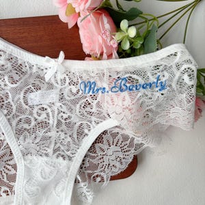 Personalized Lace Bridal Thong, Mrs Bride Lace Thong, Embroidered Name Lace Thong, Custom Lace Thong, Bride Lace Underwear, Gift for Bride