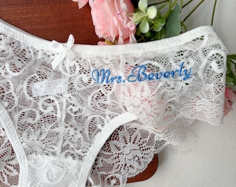 Personalized Lace Bridal Thong, Mrs Bride Lace Thong, Embroidered Name Lace Thong, Custom Lace Thong, Bride Lace Underwear, Gift for Bride