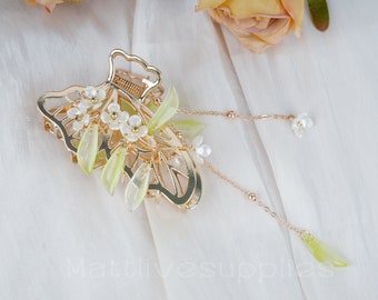 Elegant Flowers Hair Claw,Vintage Lily Hair Clips,Flower Metal Hair Clamps with Pearl  Tassel,Hair Clips for Thick Thin Hair,Hair Crafts