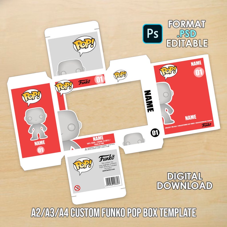 Custom Funko POP box template. Digital Funko POP box mockup. Editable Photoshop files A4/A3/A2 image 1