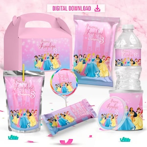 Bundel prinsessenfeest, verjaardagsfeest prinses, zak chips, Capri Sun, waterflesetiketten, Rice Krispie, Kit Party - DIGITALE DOWNLOAD