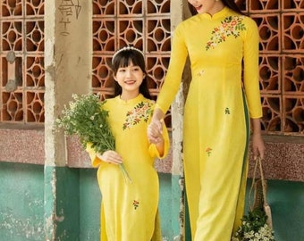 Women and kid matching ao dai- Vietnamese traditional dress for babies, girls, kids, toddlers, women, female