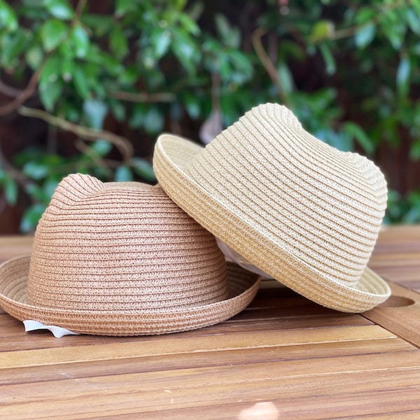 Chapeau de paille avec oreilles, chapeau bob pour enfants, garçons, filles, tout-petits, chapeau d'été, chapeau de soleil