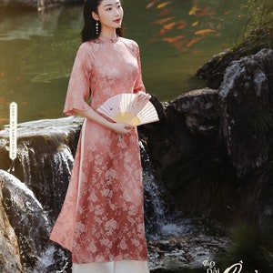 Women jacquard silk ao dai- Vietnamese traditional clothes for women, female