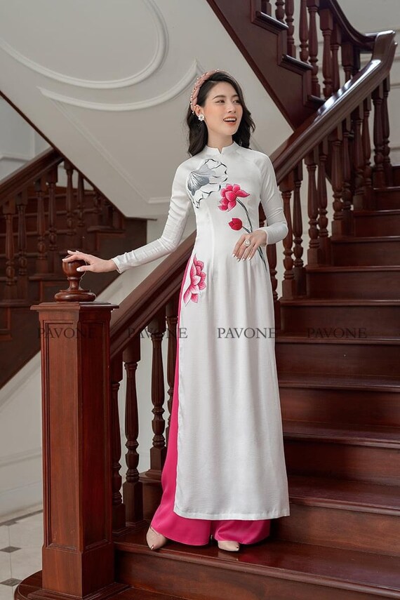 Ao dai with Lotus Embroidery Vietnamese traditional dress for ...