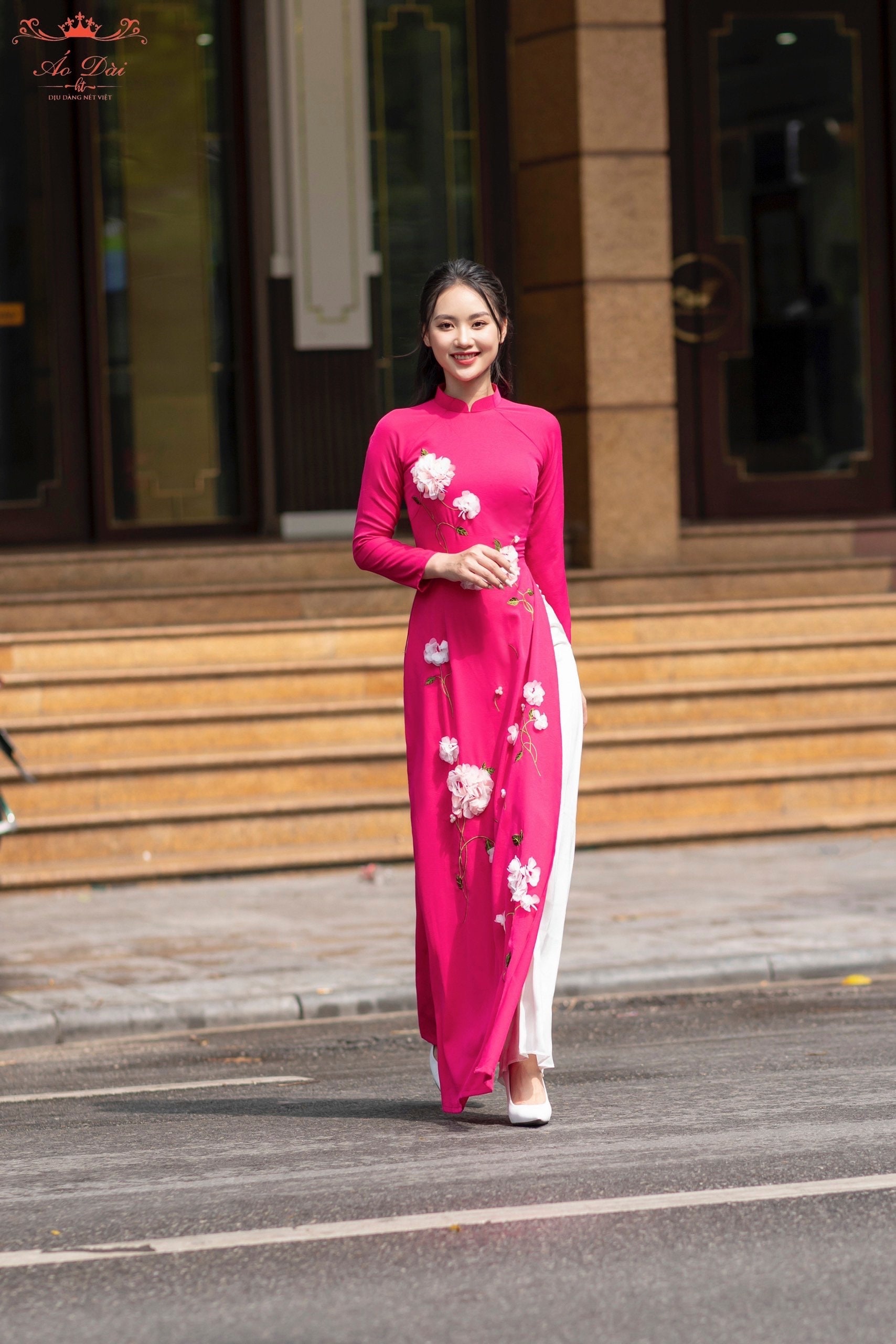 Ao Dai Silk, Traditional Vietnam Dress, Small Flower Elegant Aodai