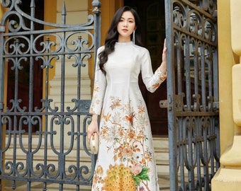 Women ao dai with peacock design- Vietnamese traditional clothes for women, female