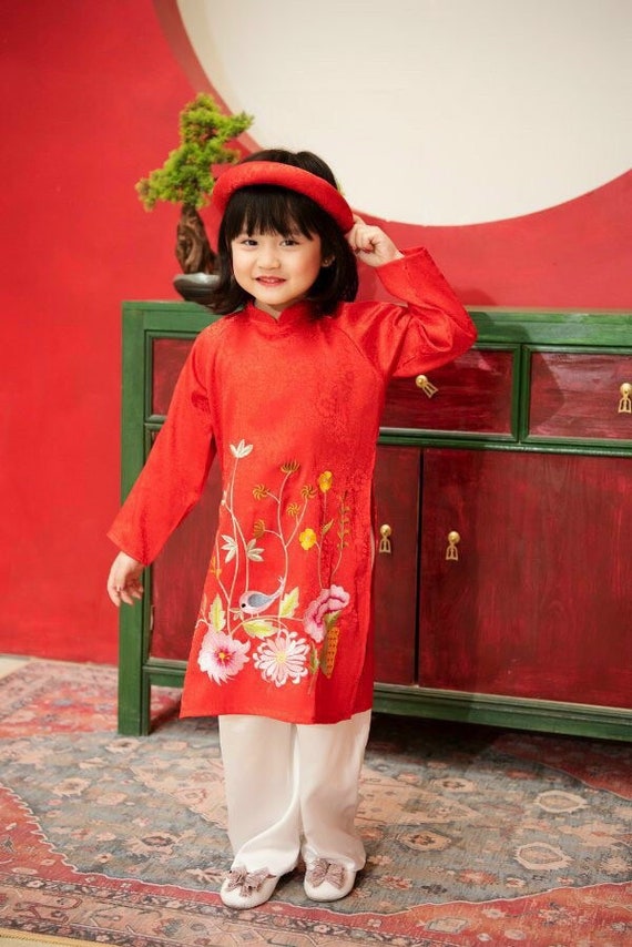 Ao Dai Kid With Pants Vietnamese Traditional Dress for Girl 