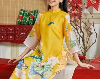 Ao dai mujeres con detalles de loto - Vestido tradicional vietnamita- Ao dai Tet