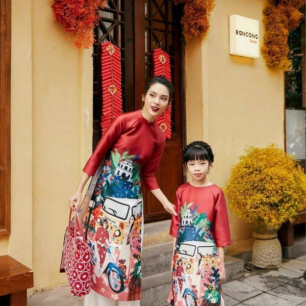 Women and kid matching ao dai- Vietnamese traditional dress- matching mother daughter