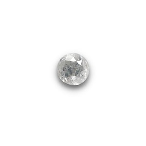 May include: A round, white, faceted gemstone with a slightly cloudy appearance.
