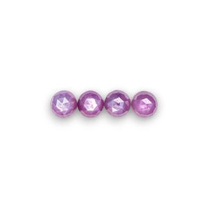 May include: Four faceted, round, light purple gemstones are arranged horizontally against a white background. The gems have a brilliant cut, reflecting light. These gemstones are suitable for jewelry making.