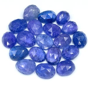 Multiple blue tanzanite gemstone cabochons.  Rose cut cabochon stones of varying sizes seen on a white background.