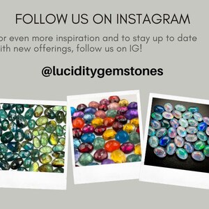 May include: Three images of various gemstones. The first image shows a collection of green and blue gemstones. The second image shows a collection of red, yellow, blue, and green gemstones. The third image shows a collection of iridescent white gemstones. The text "@luciditygemstones" is displayed below the images.