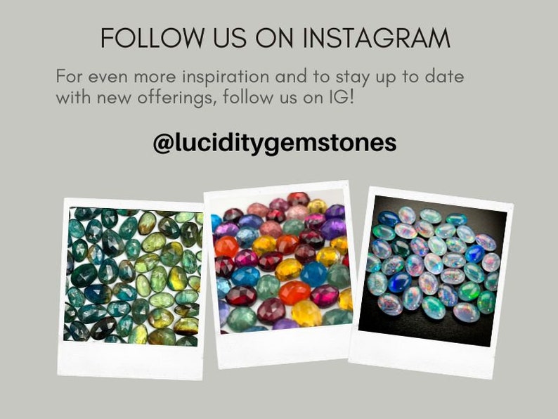 May include: Three images of various gemstones. The first image shows a collection of green and blue gemstones. The second image shows a collection of red, yellow, blue, and green gemstones. The third image shows a collection of iridescent white gemstones. The text "@luciditygemstones" is displayed below the images.